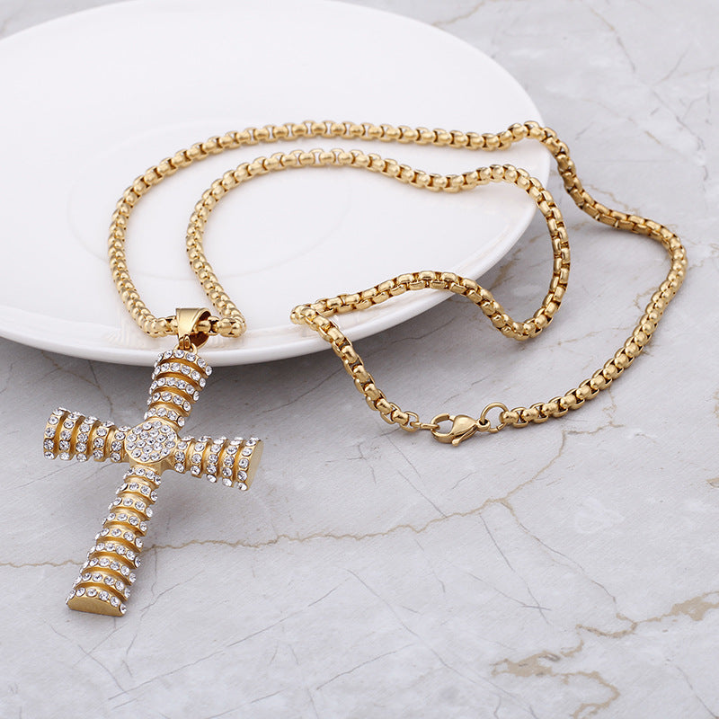 Jewelry: Christian Zircon Rhinestone Cross Stainless Steel Necklace