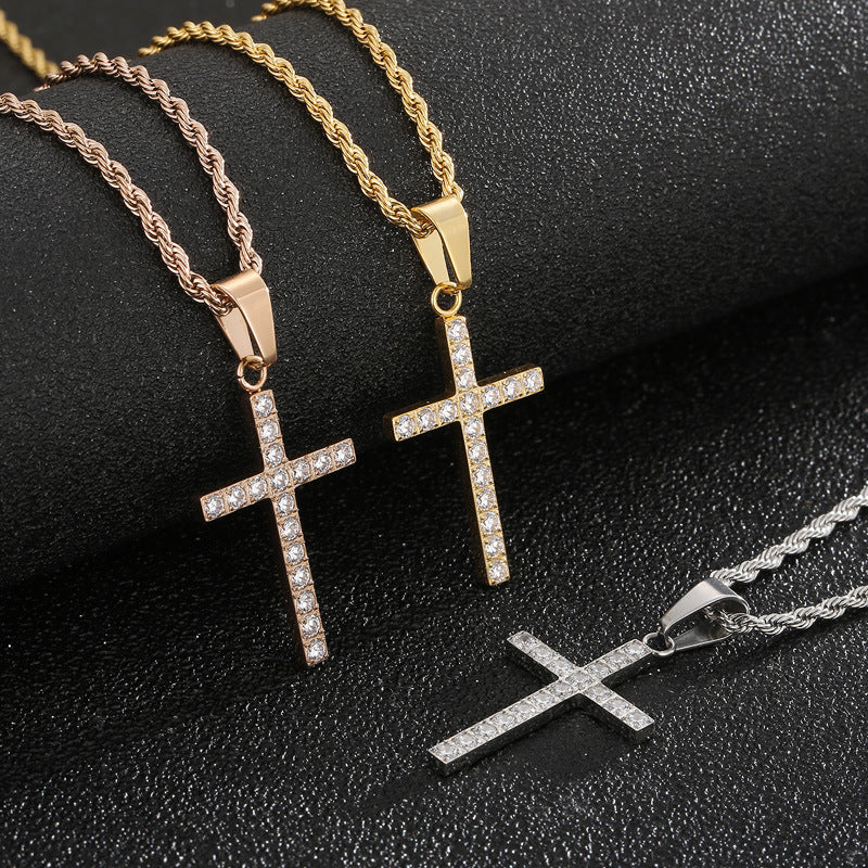 Jewellery: Christian Rhinestone Cross Stainless Steel Pendant Necklace