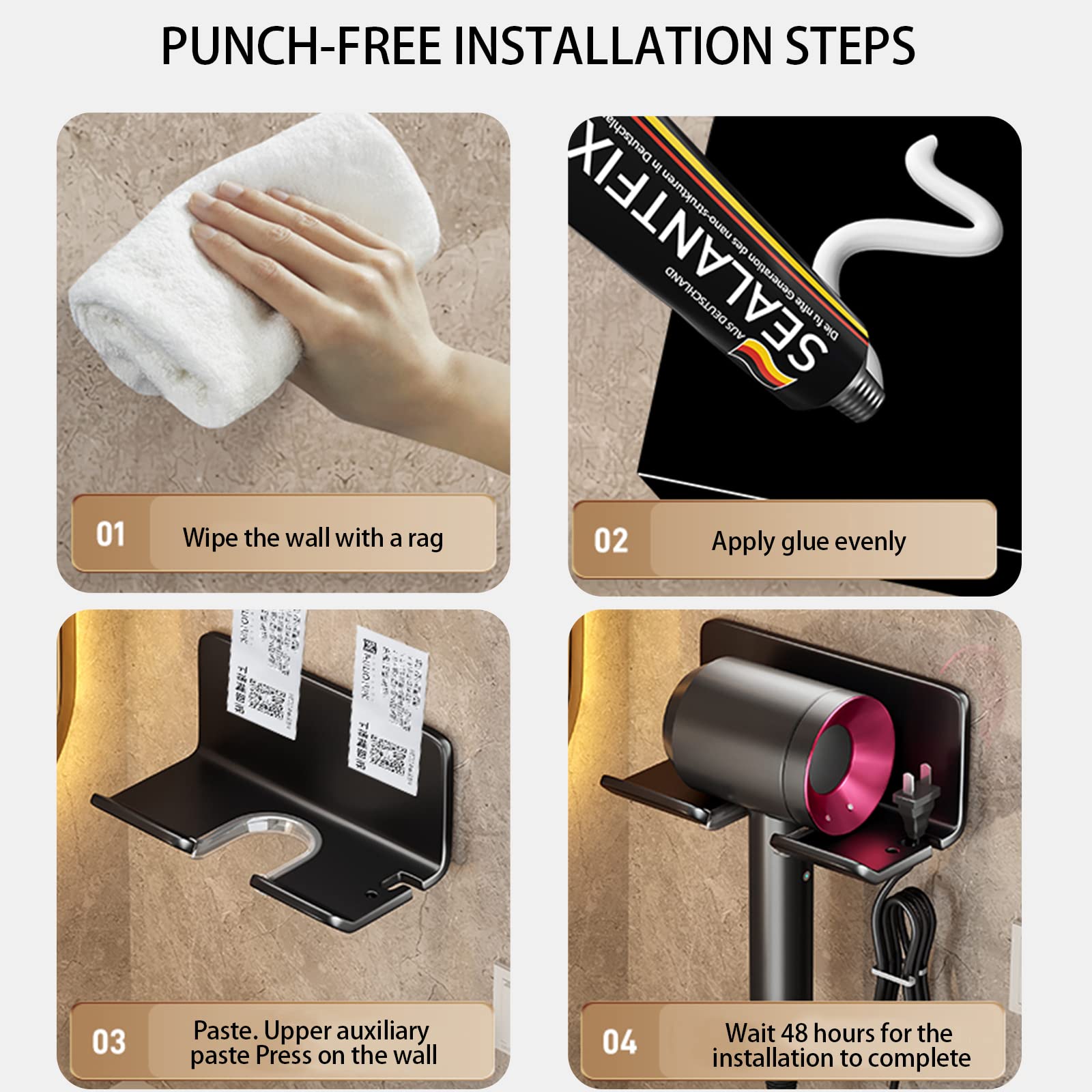 Home: Universal Adhesive Hair Dryer Toothbrush Rack 2Pcs Combo (Screwless Wall-Mounted)