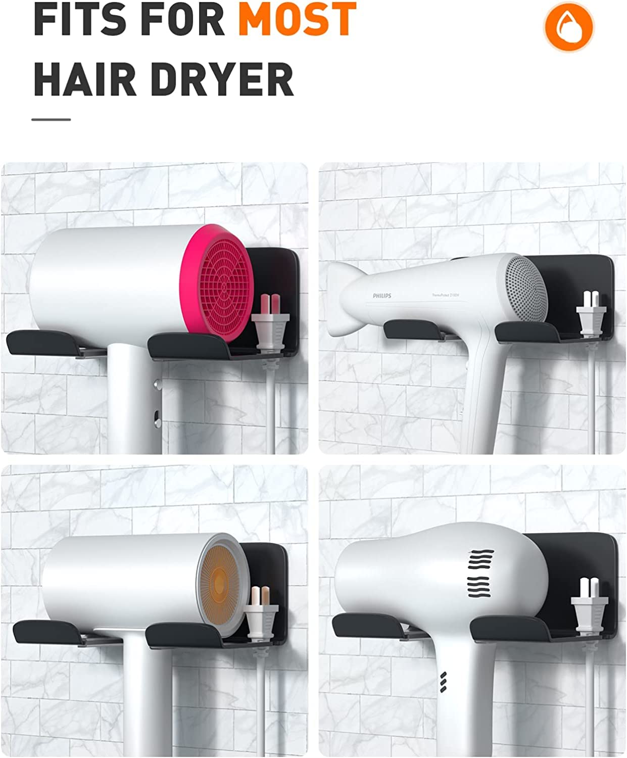 Home: Universal Adhesive Hair Dryer Toothbrush Rack 2Pcs Combo (Screwless Wall-Mounted)