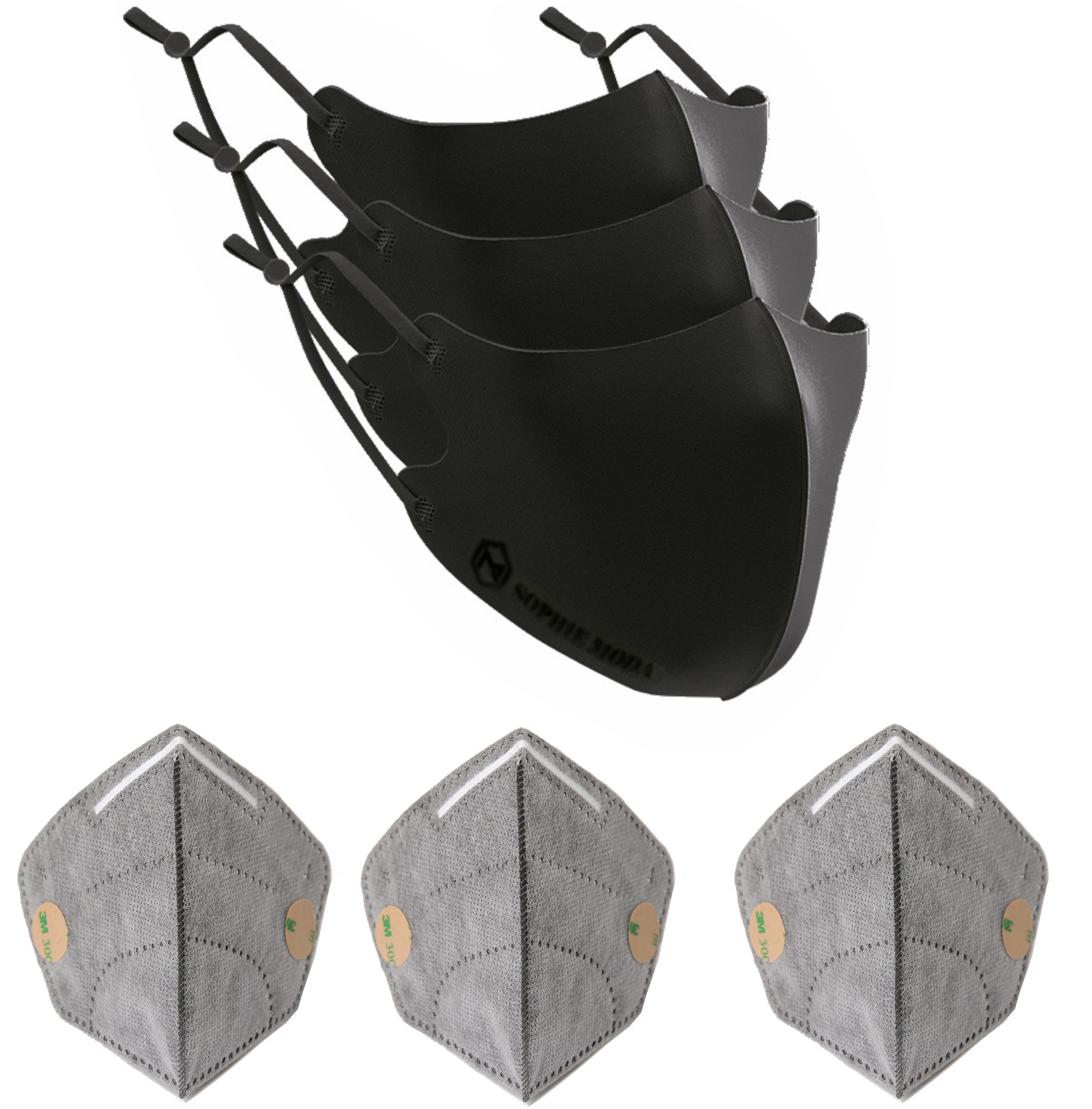 Masks: Ice Cooling Microfibre Washable Adjustable 3D Mask with KN95 Filter (3+3pcs) - Black