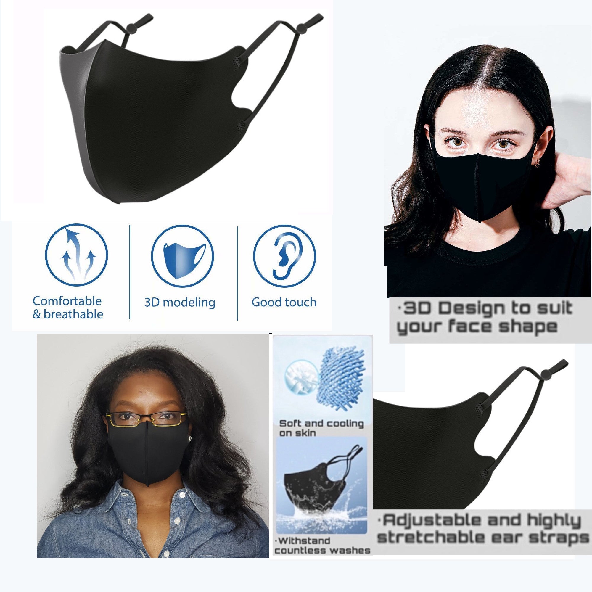Masks: Ice Cooling Microfibre Washable Adjustable 3D Face Mask (3pcs) Black