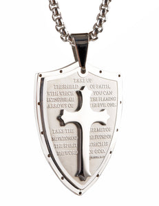 Men's Shield Cross Pendant Necklace - Armor Of God Stainless Steel Prayer Bible Charm, 24"