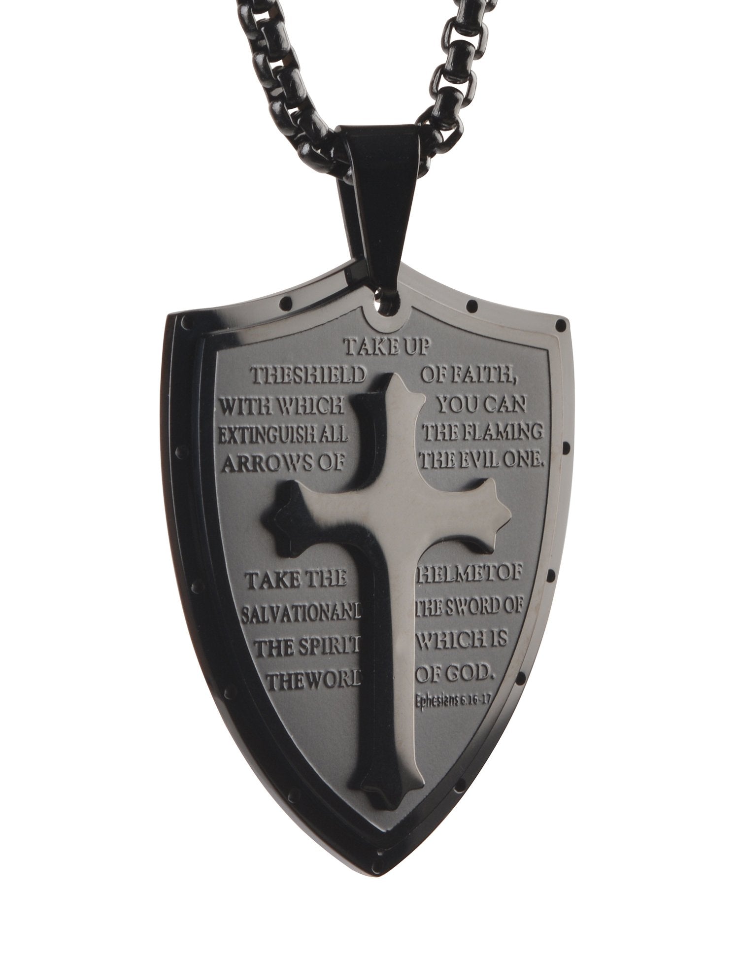 Jewellery: Christian Armour of God Stainless Steel Shield Cross Pendant Necklace