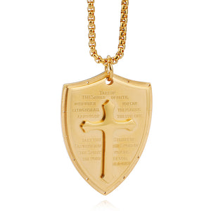 Jewellery: Christian Armour of God Stainless Steel Shield Cross Pendant Necklace