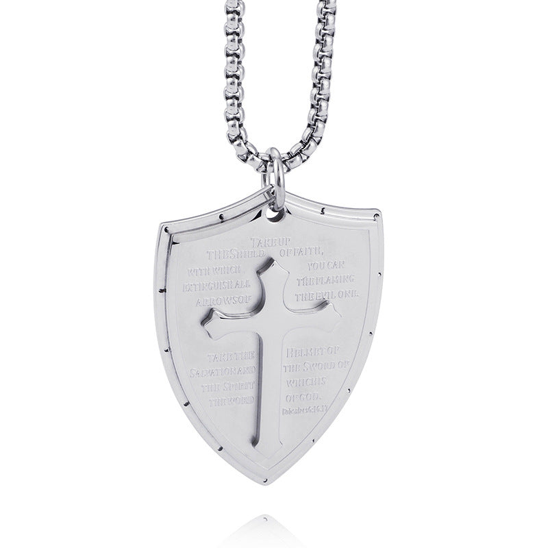 Jewellery: Christian Armour of God Stainless Steel Shield Cross Pendant Necklace